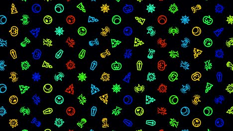 halloween icons, animation loop. seamless pattern background. small multicolored halloween icons rotate slowly on black backdrop