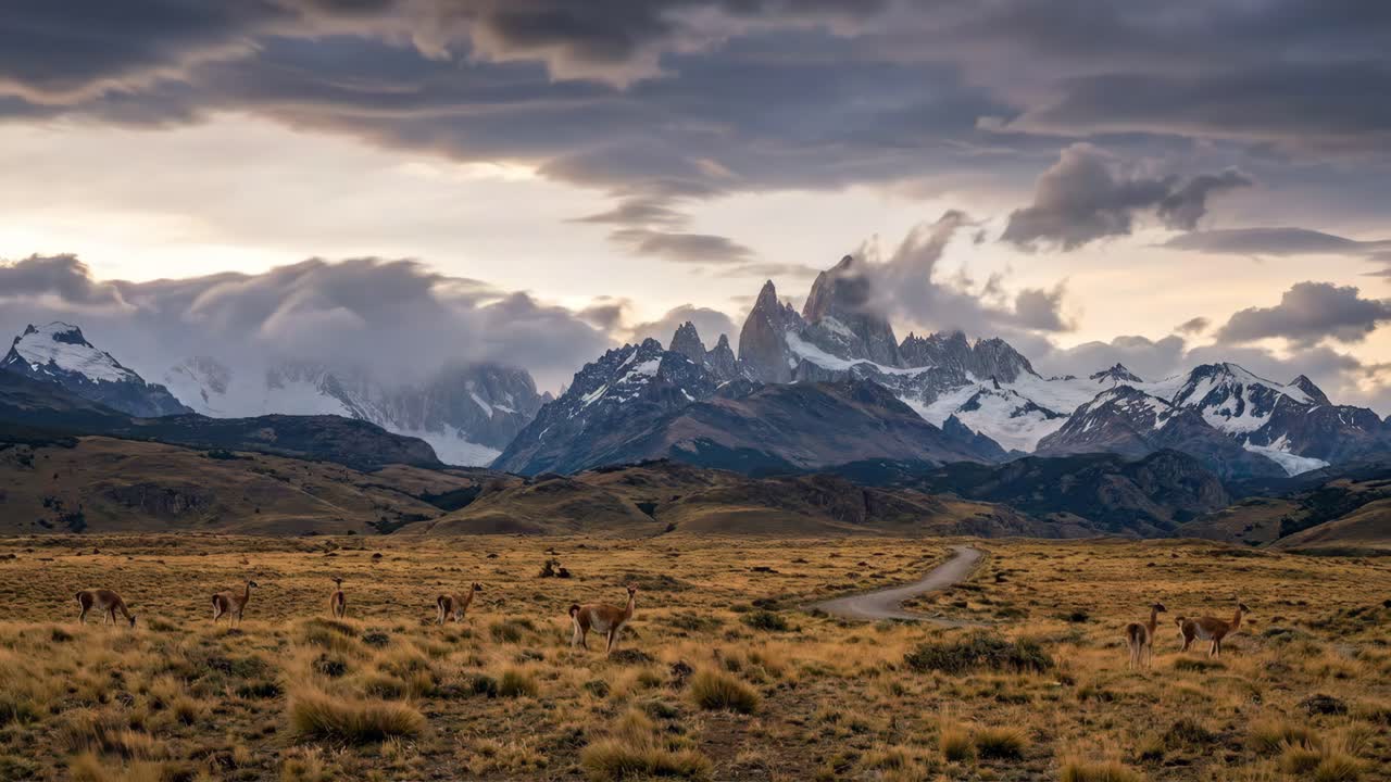 Guanachi al pascolo in Patagonia con vista sulle montagne