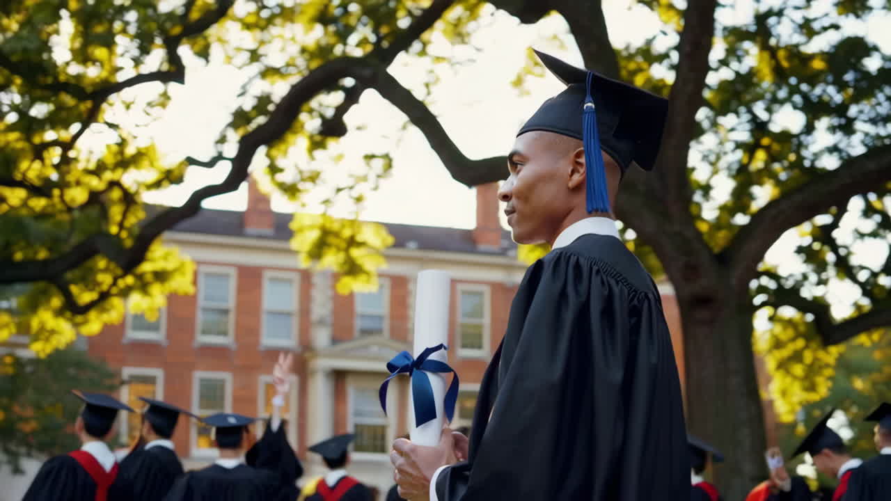 A graduate holding a diploma at an outdoor ceremony