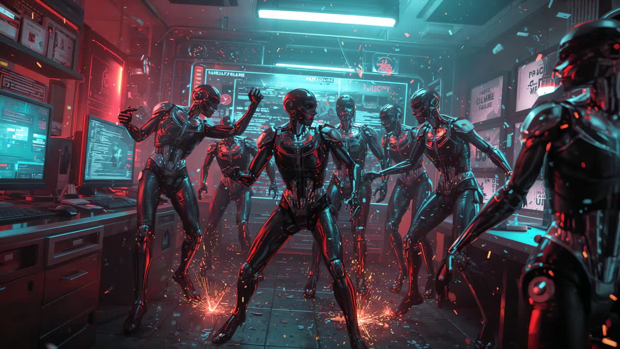 Erupting red sparks activating six humanoid robots performing power-up routine in control room