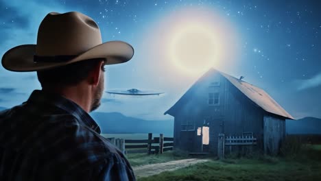 cowboy watches a ufo over his farmhouse