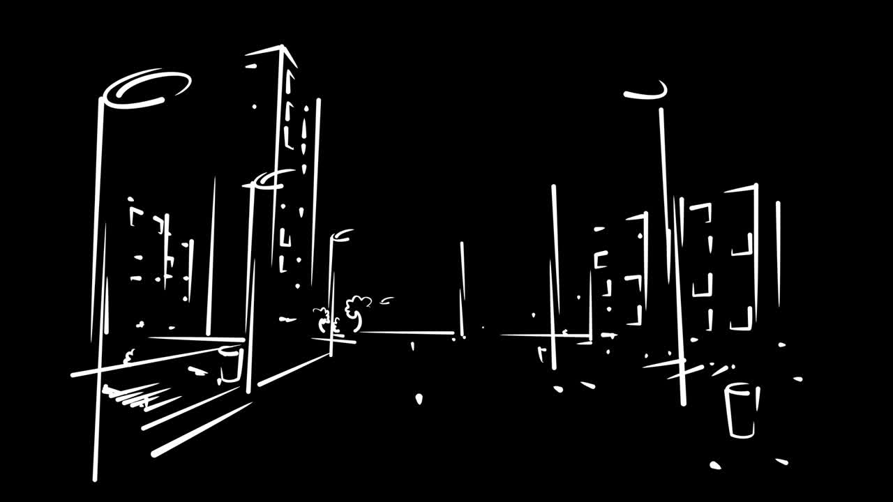 집들이 있는 도시 거리의 스케치.