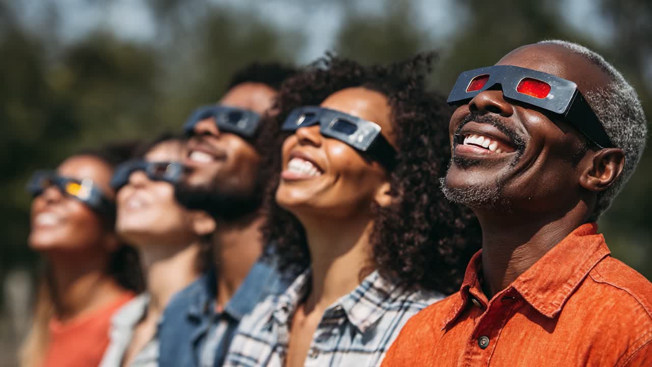 Joyful group of people wearing special glasses, gazing upwards in wonder as they marvel at a celestial event, sharing smiles and excitement together under a bright sky
