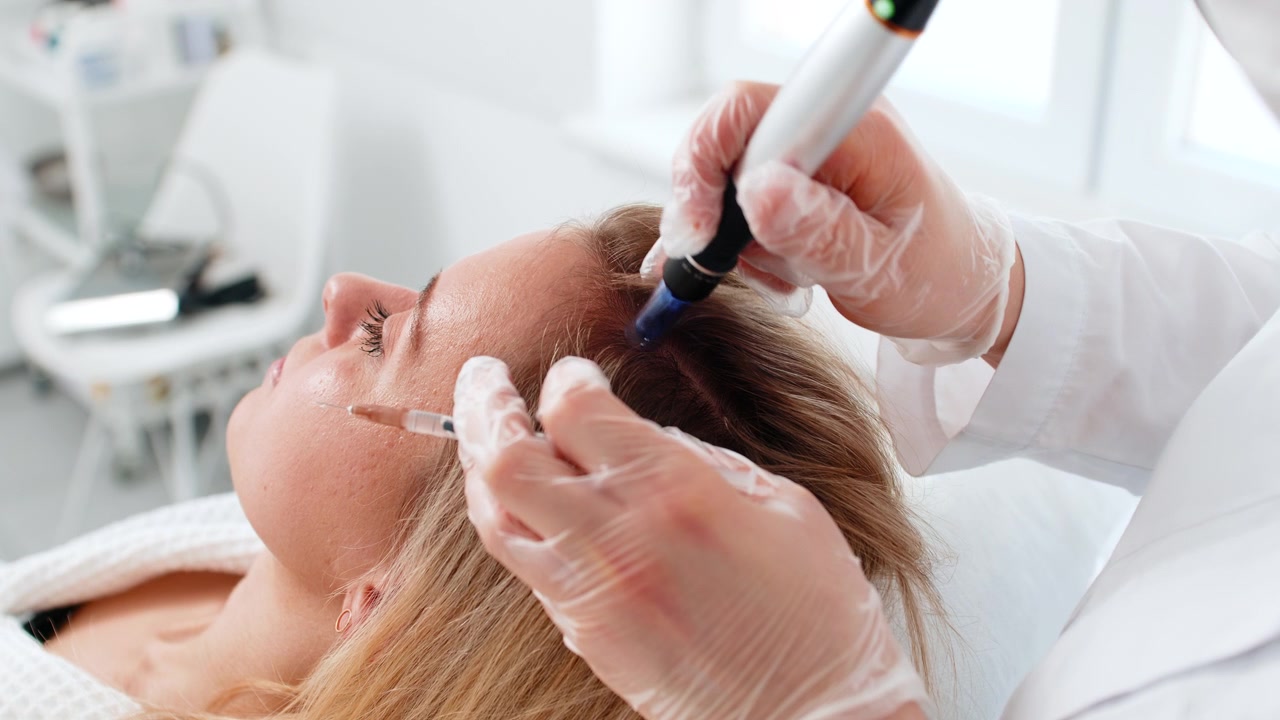 Woman receives microneedling and injections for hair growth scalp therapy in trichology clinic