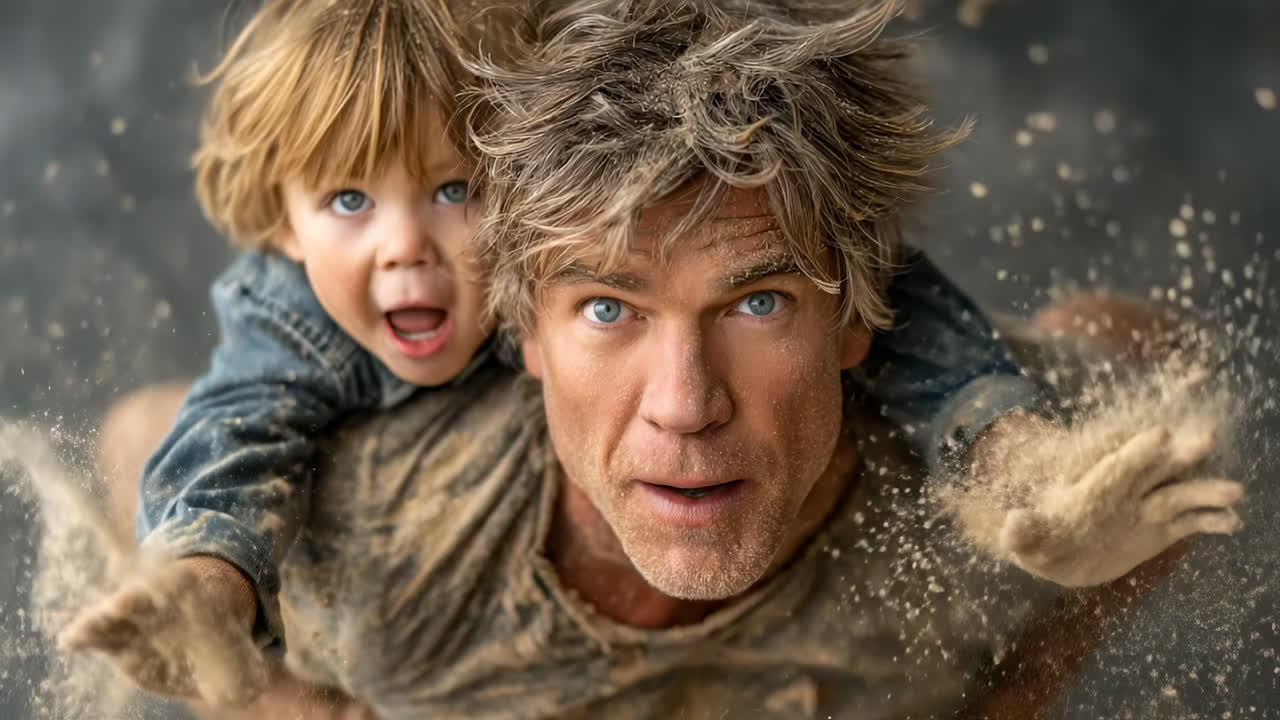 Dad and child share joy. A man gives his child a piggyback ride, both covered in dirt and laughing joyfully. They share a fun moment indoors