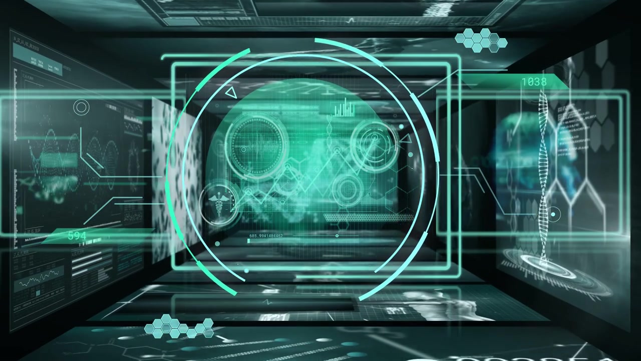 System booting, central HUD rotating rings, panels cycling cells and DNA, running diagnostic scan