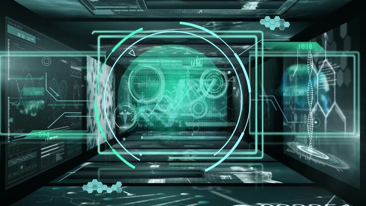 System booting, central HUD rotating rings, panels cycling cells and DNA, running diagnostic scan