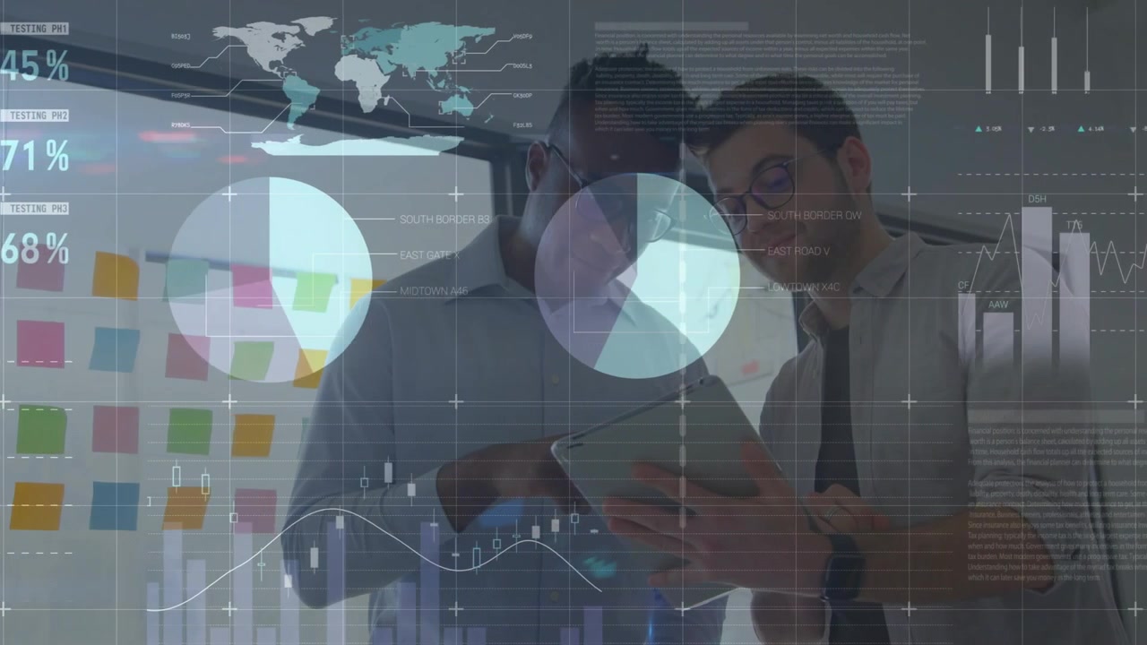 Two male colleagues tapping tablet and analyzing metrics, bar and pie charts emerging from screen