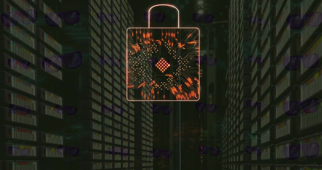 Animation of security padlock with computer motherboard over data processing on computer server