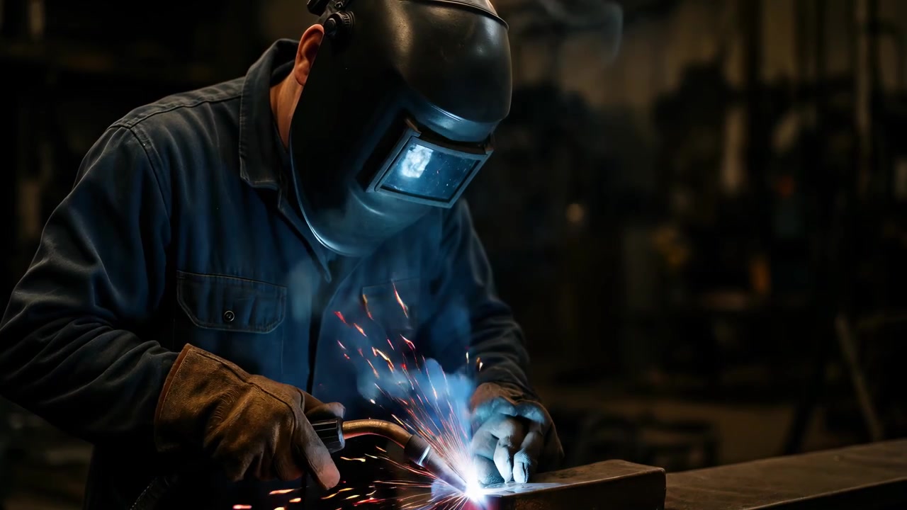 Professional Welder Working on Metal in Industrial Workshop