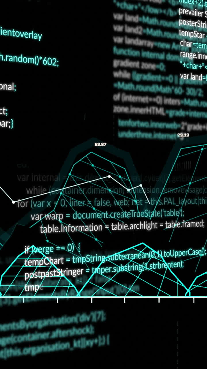 Animation of graph and data processing over black background