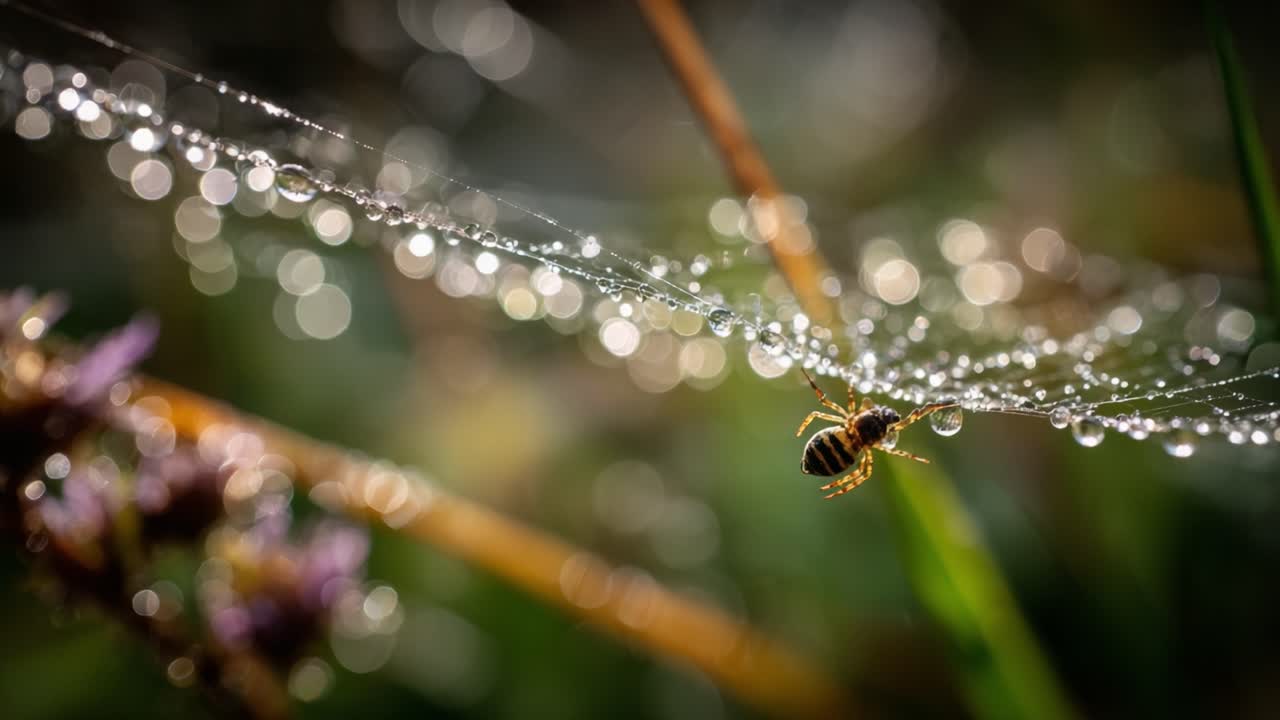 A Close-Up Encounter: A Tiny Insect Caught in a Dew-Kissed Web, Showcasing Nature's Intricate Beauty and the Delicate Balance of Ecosystems