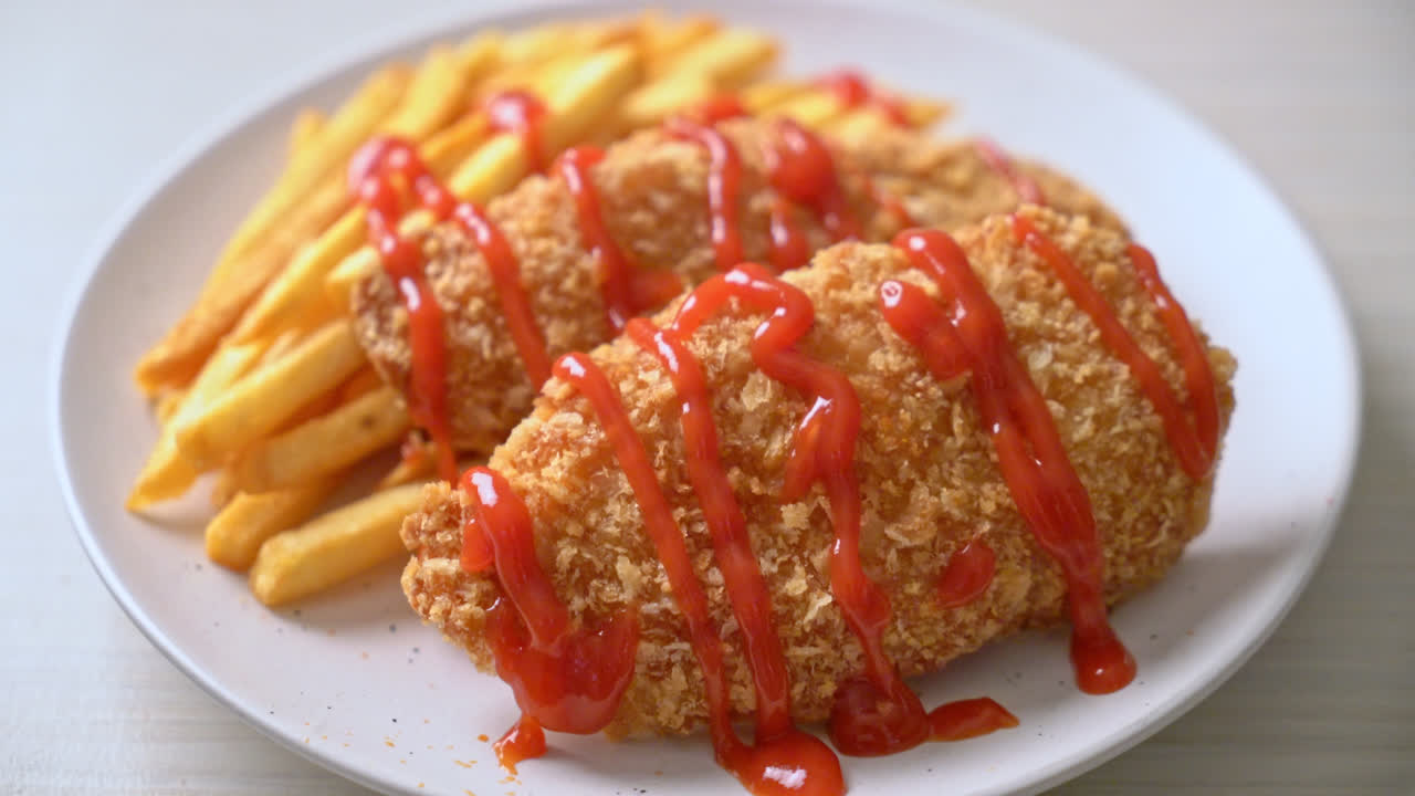 감자튀김과 케첩을 곁들인 프라이드 치킨 브레스트 필레 스테이크