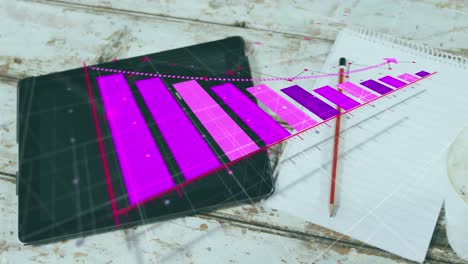 animation of statistical data processing against close up of office equipment on wooden surface