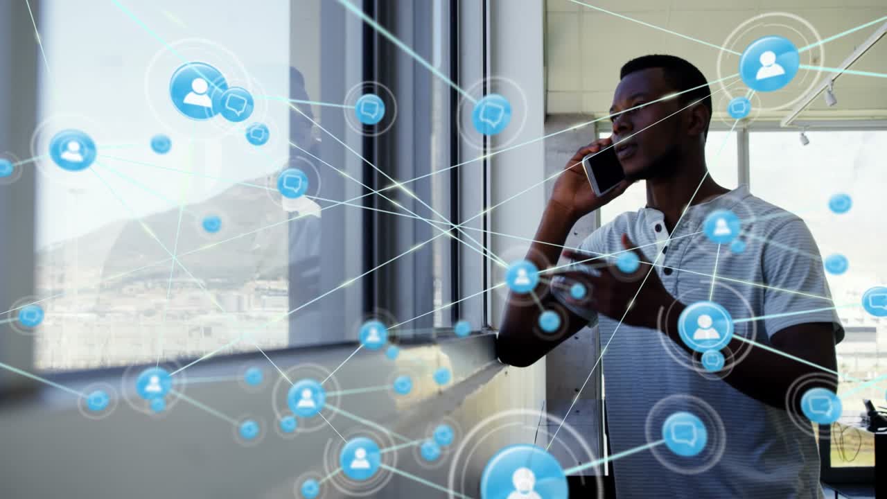 Animation af forbindelser over afroamerikansk mand, der bruger smartphone