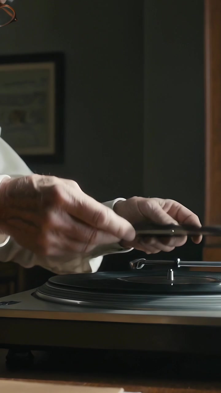 Video verticale: Mano di un uomo con manica bianca che solleva e posiziona un vinile sul piatto a casa, preparando il braccio del giradischi.