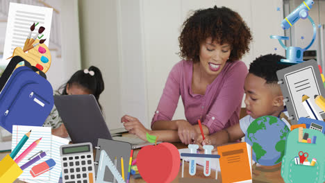animation of school items over african american mother and children learning at home