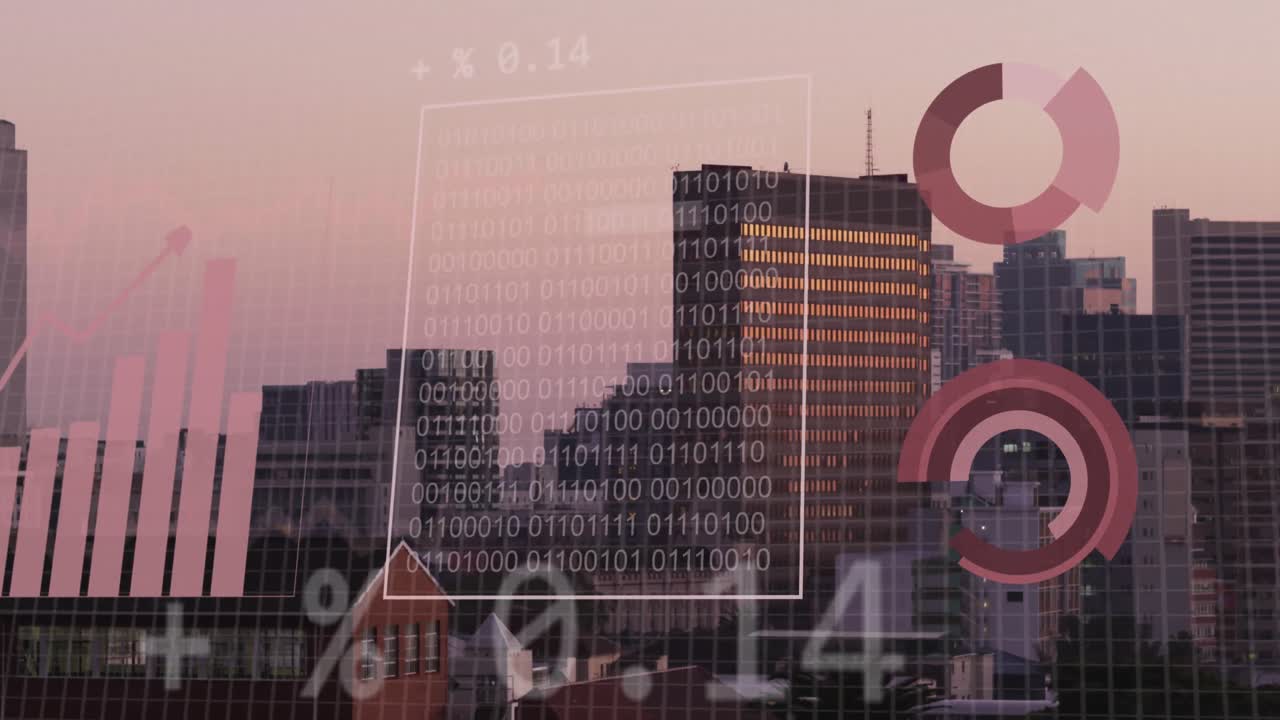 animación del procesamiento de datos financieros sobre el paisaje urbano