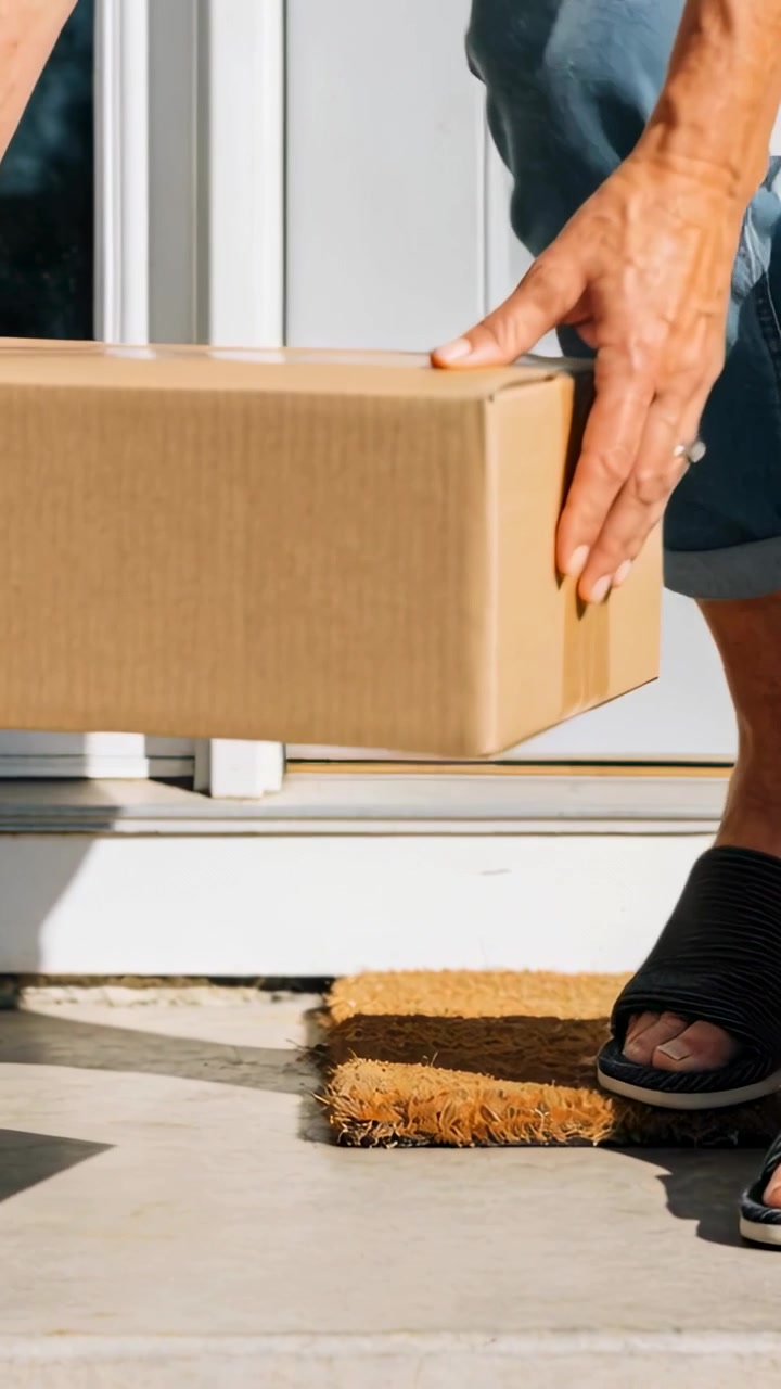 Verticale video: Senior houdt doos vast, plaatst pakket op deurmat en laat het thuis achter, gekleed in opgerolde spijkerbroek.
