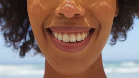 Close-up-of-happy-woman-at-beach-4k