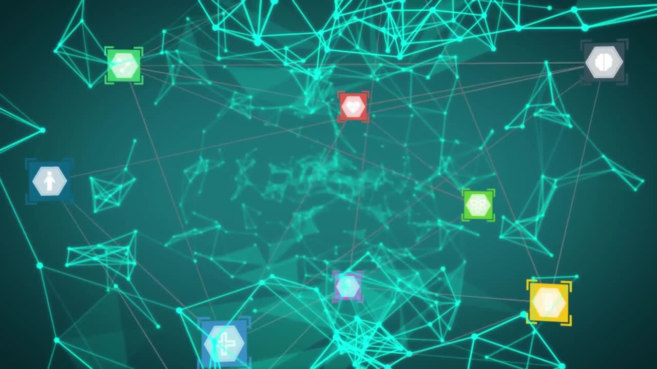 animación de redes de conexiones con iconos sobre fondo verde