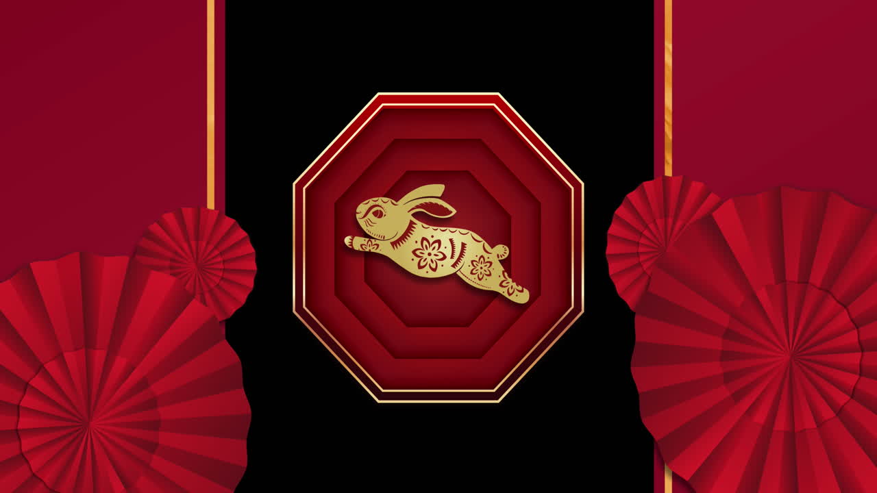 animación de decoraciones tradicionales chinas y conejo sobre fondo rojo.