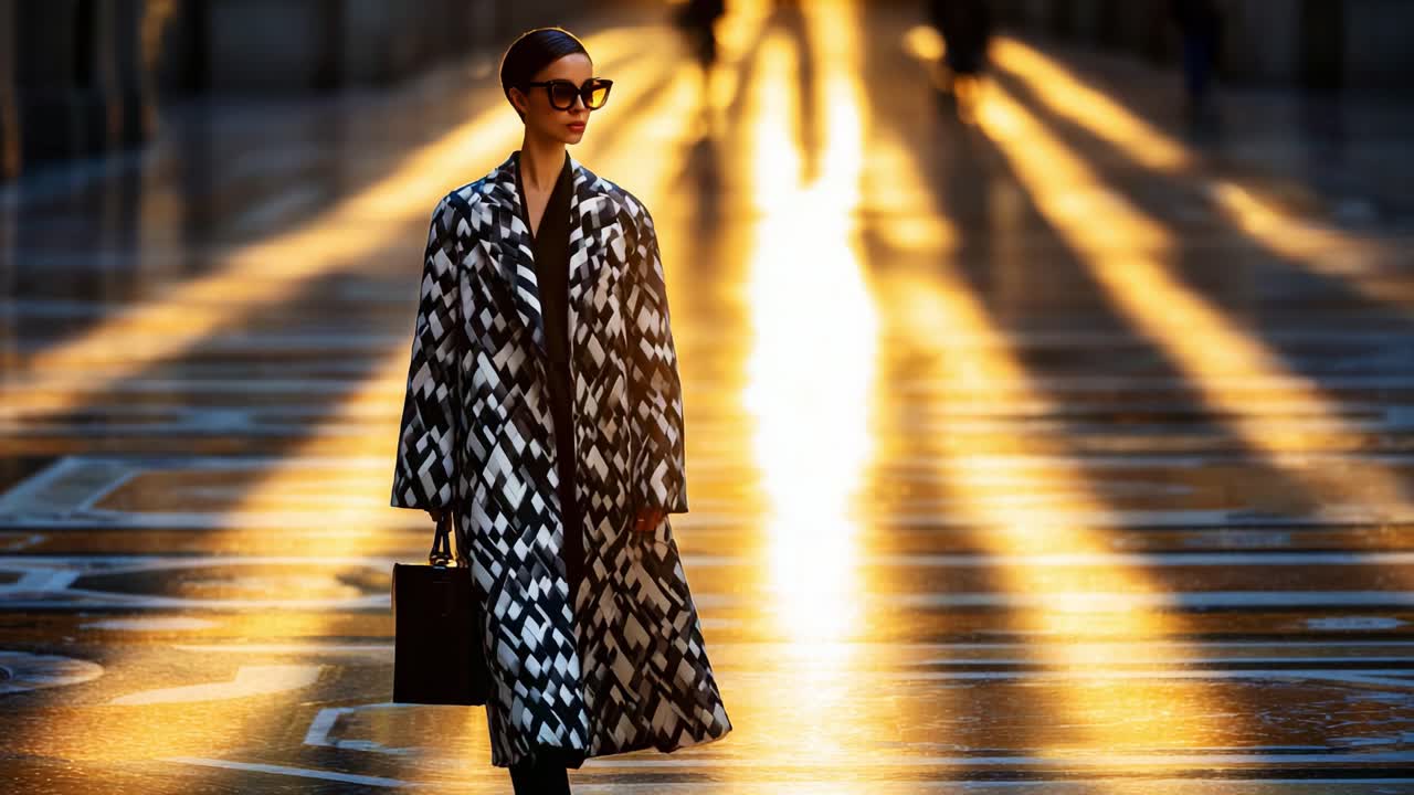 A Stylish Model Strolling Through a Golden-Hued Urban Setting, Dressed in an Elegant Black and White Patterned Long Coat, Exuding Confidence Amidst a Breathtaking Sunset Reflection