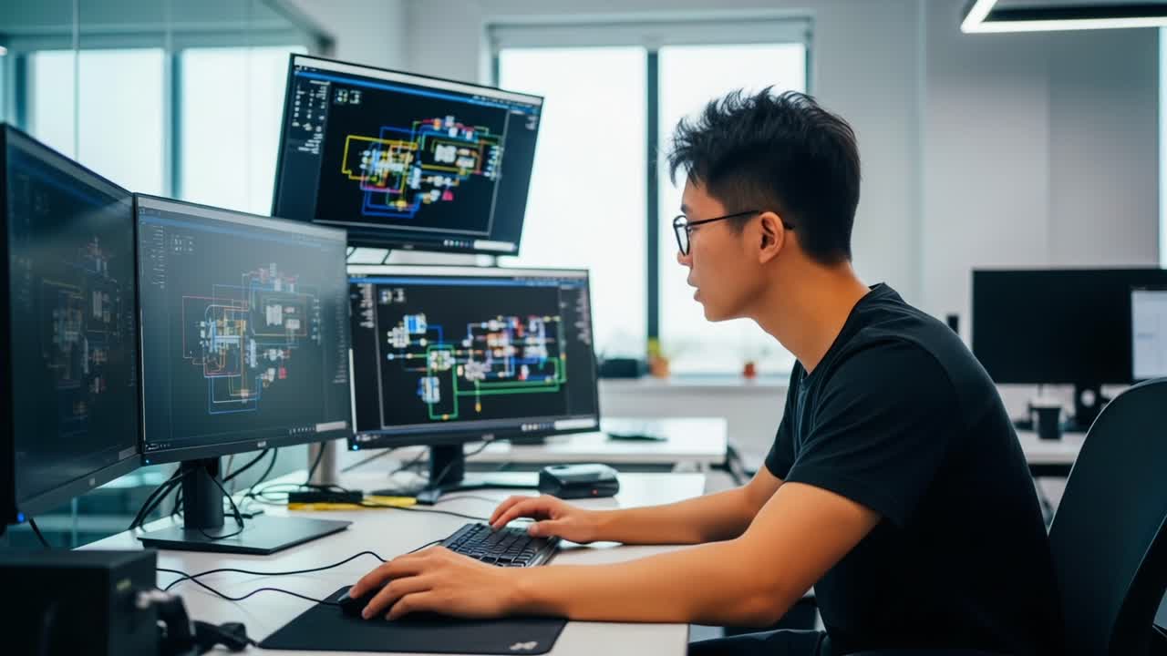 Focused Individual Analyzing Complex Digital Diagrams on Multiple Monitors in a Modern Office Environment for Enhanced Workflow and Productivity
