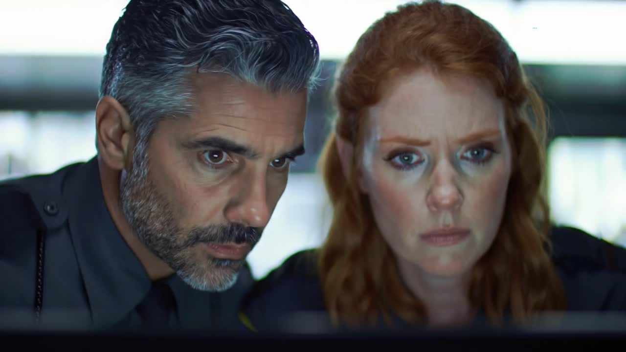 Two detectives focus intently on the screen in a dimly lit control room. Their expressions reflect determination as they analyze crucial evidence during a late-night investigation.