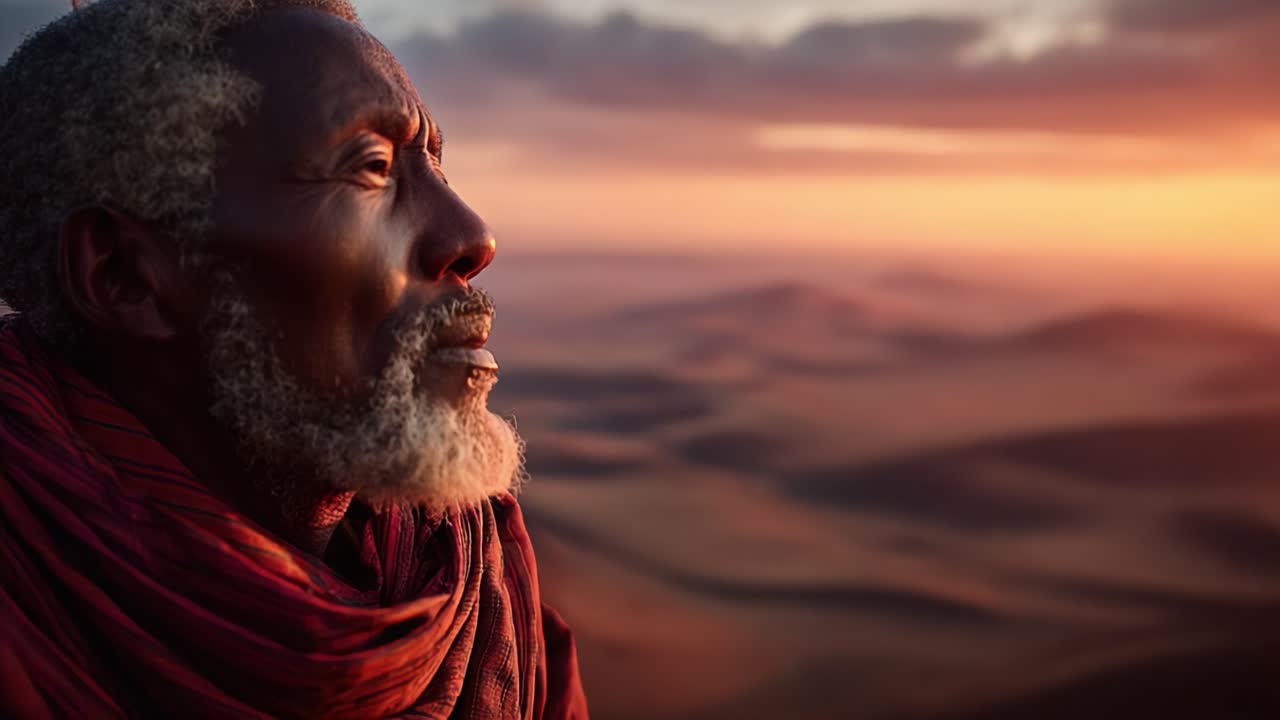 Un individuo contemplativo ammira un paesaggio mozzafiato al tramonto, incarnando la bellezza della natura e la profondità dell'emozione umana contro un vasto orizzonte.