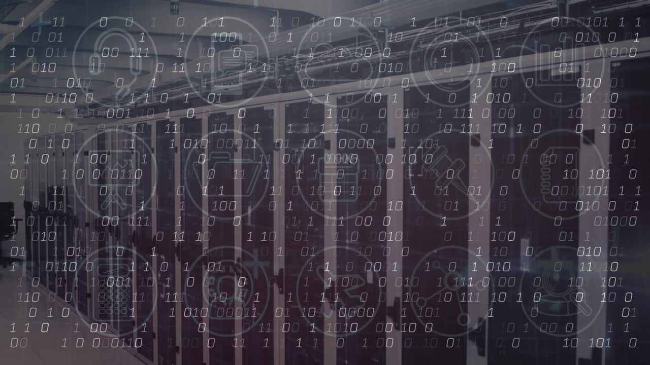animación del procesamiento de datos e iconos sobre la sala del servidor
