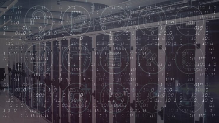 Animation of data processing and icons over server room