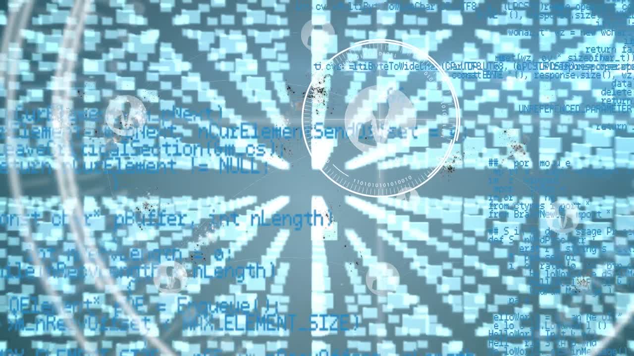 Animation of folders, digital padlock, icons and data processing on blue background