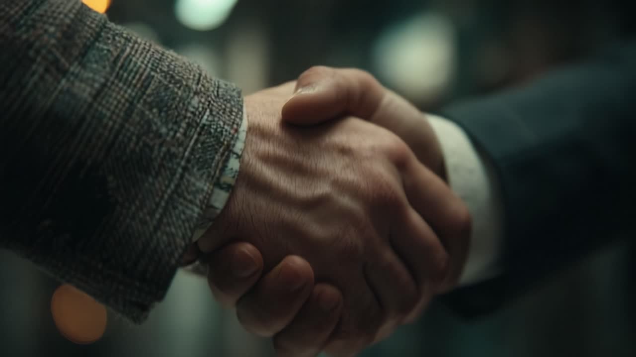 Close up of two confident businessmen in formal suits shaking hands after a successful meeting. Professional handshake gesture signifying partnership, trust, contract negotiation, and a done deal