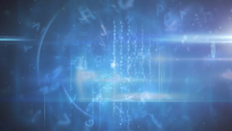 animación del alcance con letras y números girando sobre un fondo azul brillante