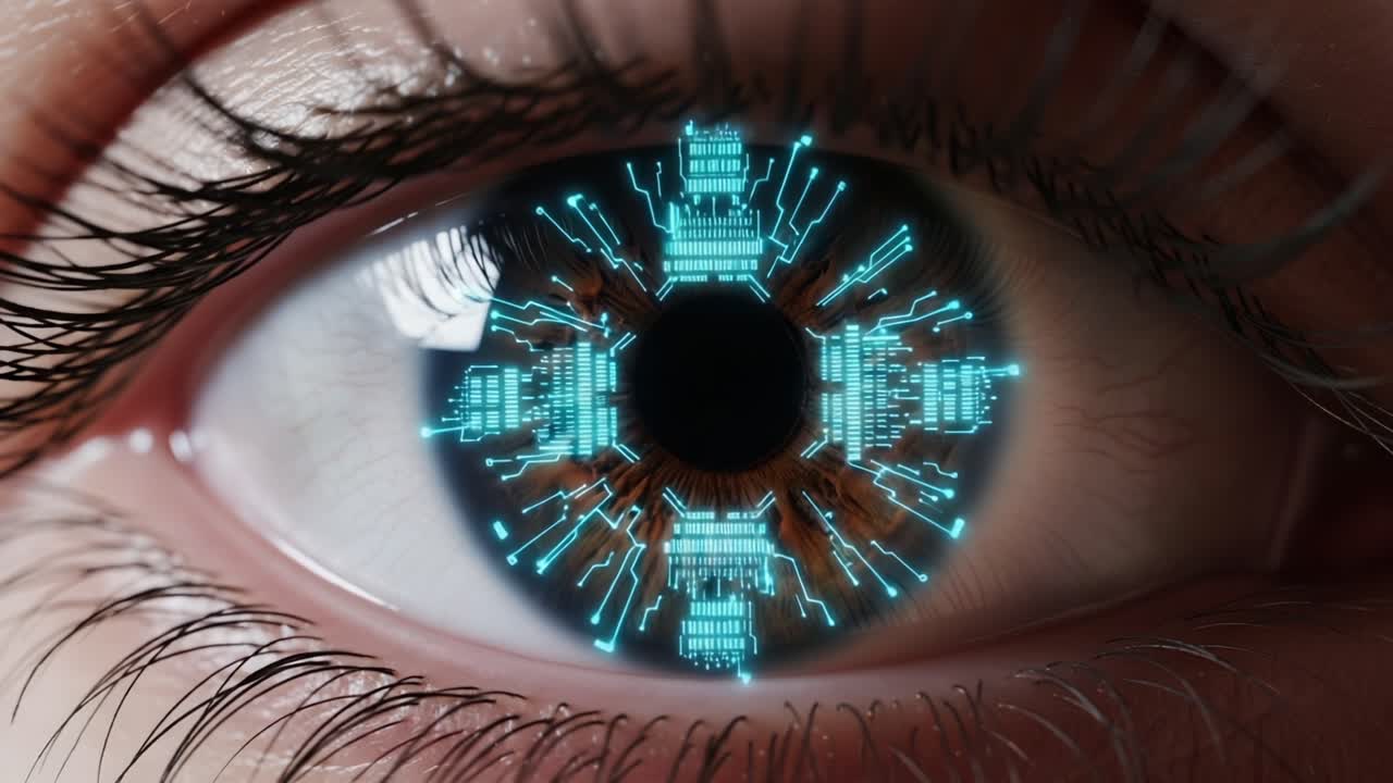 A Stunning Visual Journey Through the Depths of a Cyborg Eye, Merging Nature with Advanced Technology and Symbolizing the Future of Robotics and Humanity