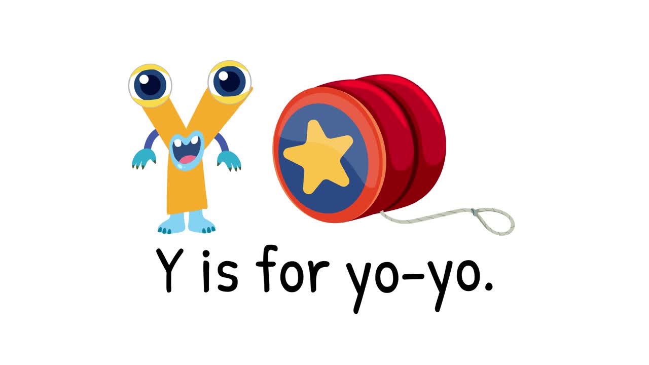 Playful animation of letter Y transforming into a character with a yo-yo, vibrant colors, and educational theme