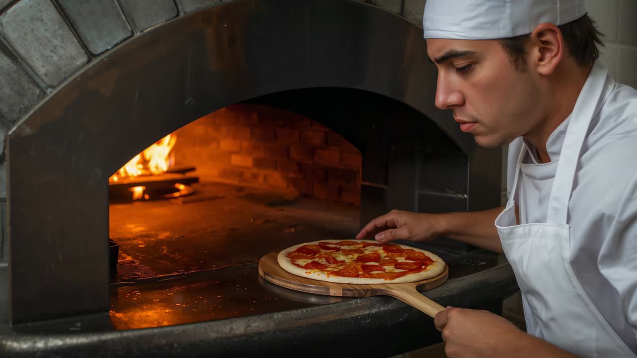 Um fogo brilhante incentivando um chef uniformizado a deslizar uma pizza de uma pá de madeira para dentro de um forno a lenha