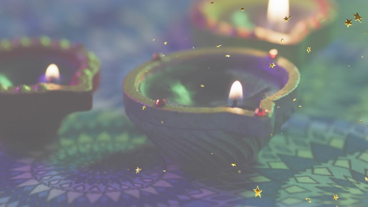 Gold stars drifting sparking central clay lamp flame flickering, casting glow for festive ambiance