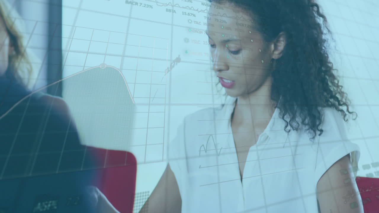 Working in office, businesswoman with financial data charts animation on screen