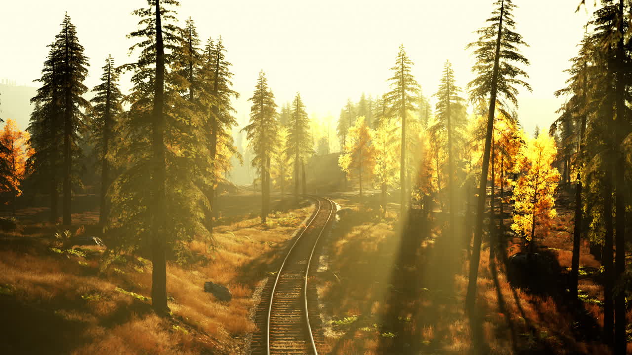 가을의 숲 을 가로질러 휘어지는 빛 의 열차 트랙