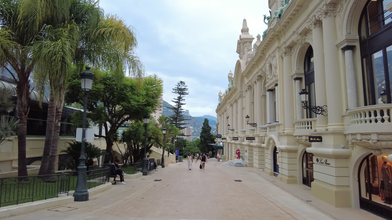 Monte Carlo, Monaco - December 23, 2021: Side view of the Casino de Monte-Carlo with people near it