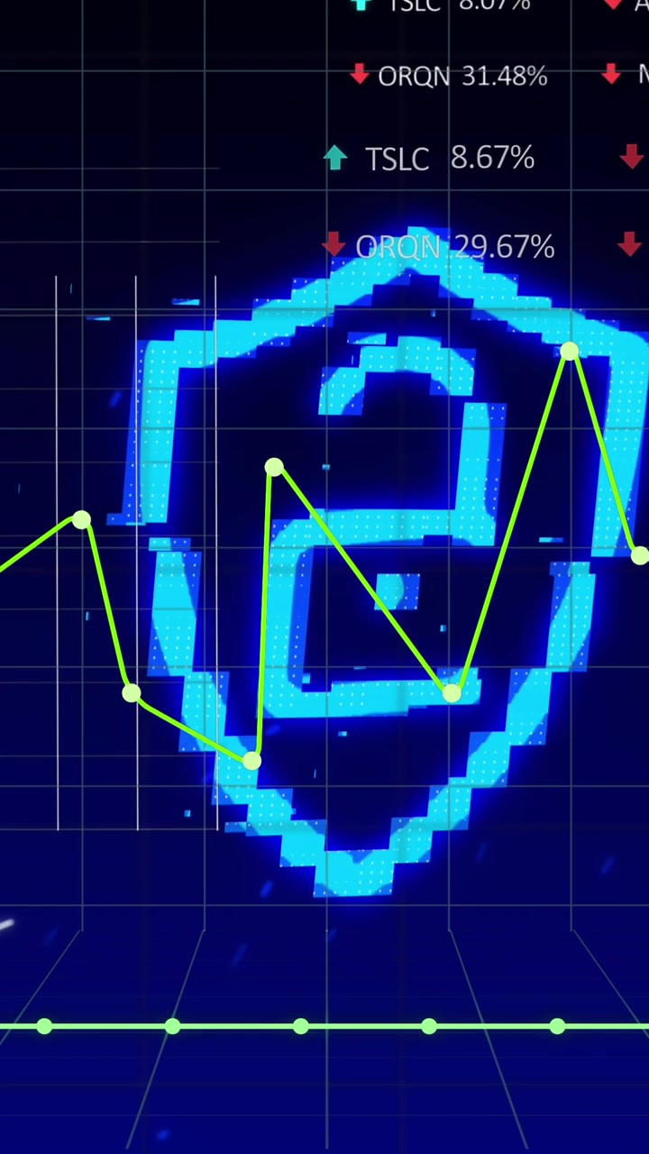 Animação de gráficos, dados financeiros e cadeado digital em fundo azul marinho