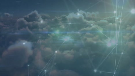 Animation-of-glowing-network-of-connections-over-clouds-in-the-sky