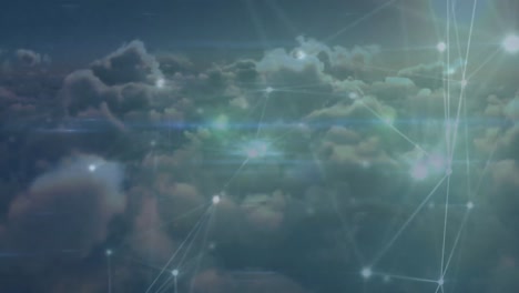 animation of glowing network of connections over clouds in the sky