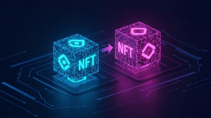 Eine Visualisierung der Transformation digitaler Assets: NFT-Technologie erkunden durch interaktive Würfel, die Blockchain-Konnektivität und digitales Eigentum repräsentieren