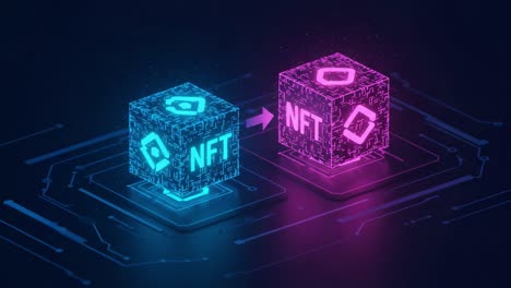 a visualization of digital asset transformation: exploring nft technology through interactive cubes representing blockchain connectivity and digital ownership