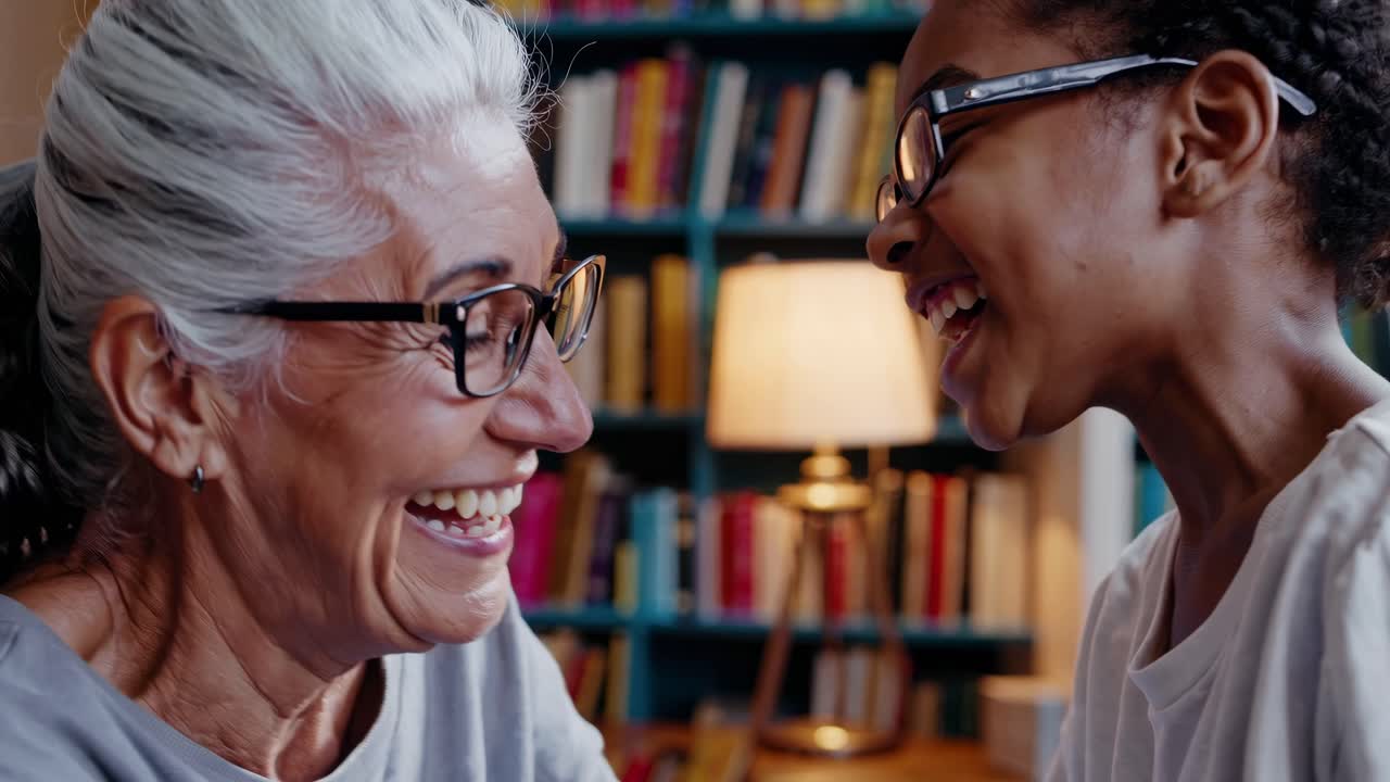 A joyful video captures a close-up side angle of a smiling elderly woman and a young girl
