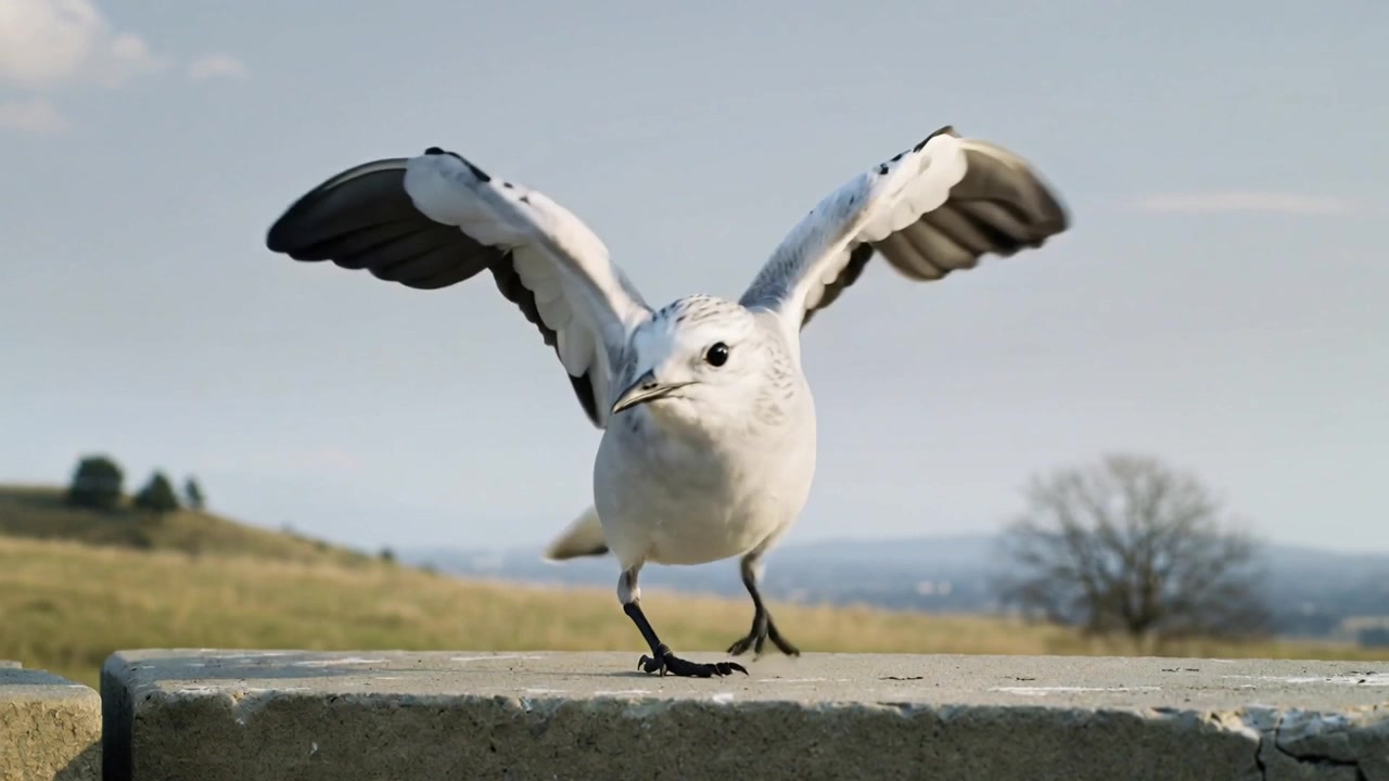 Böiger Wind drückt weiße Möwe auf Betonleiste, breitet Flügel aus und lässt sich dann auf grasbewachsenem Hügel nieder.