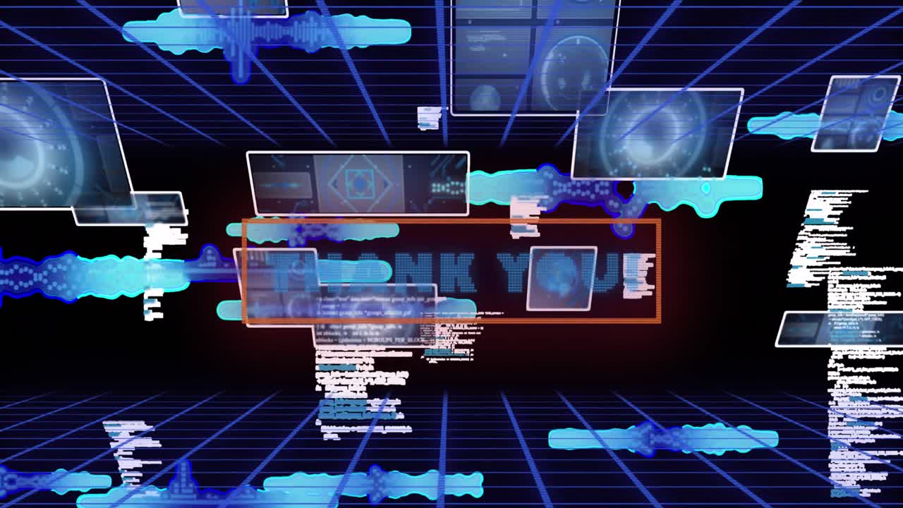 Animation of thank you in digital abstract space with screens and diverse data
